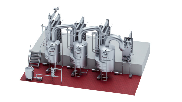 The APV three-effect Falling Film Plate Evaporator System operates with low boiling temperatures and short residence time, delivering higher quality concentrates in color and flavor